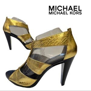 MICHAEL Michael KORS Size 9.5M Berkeley T-Strap Gold Python Snake Leather Design